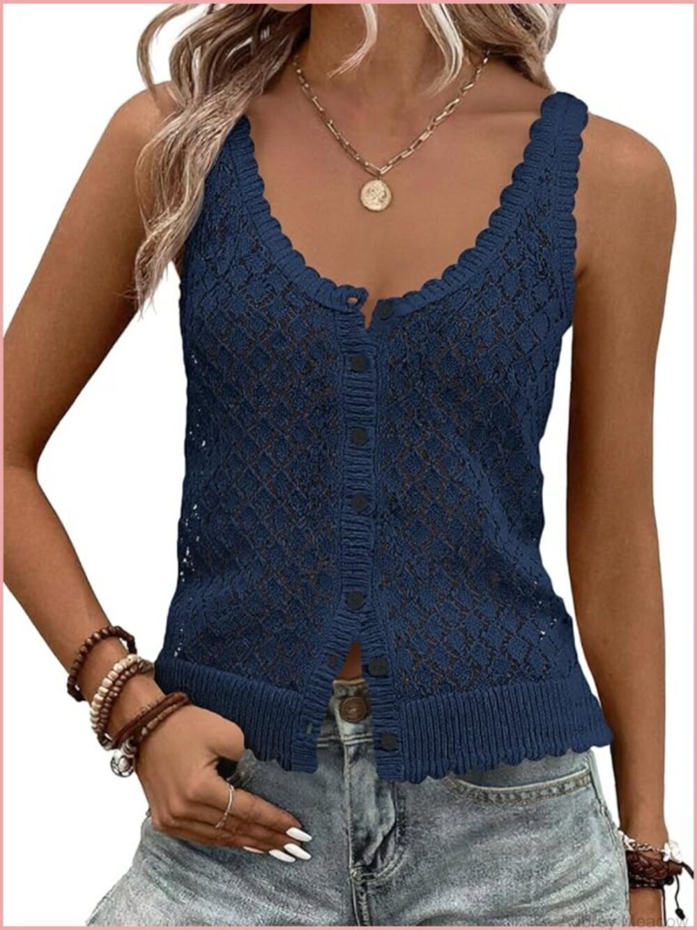 Sleeveless Crochet Button Down Sweater Tank Top Boho Knit Vest